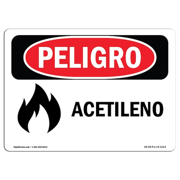 Signmission OSHA Danger Sign, Acetylene Spanish, 10in X 7in Rigid Plastic, 7" H, 10" W, Acetylene Spanish OS-DS-P-710-LS-1014 - main